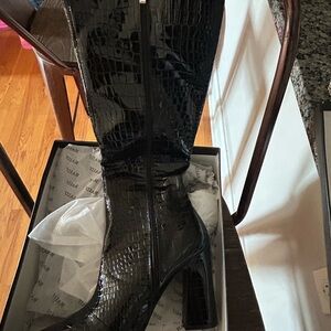 Black Patent Leather Croc Knee Boots